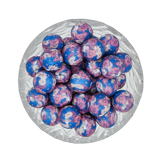 15mm Blue Daisy Print Round Silicone Beads