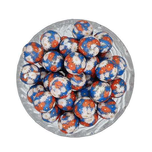 15mm Red Blue Daisy Print Round Silicone Beads