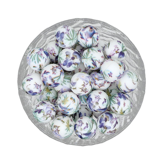 15mm Wisteria Print Round Silicone Beads