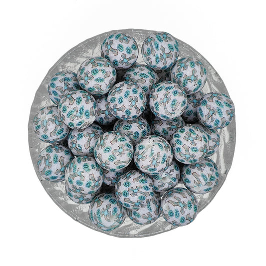 15mm Turquoise Cross Print Round Silicone Beads