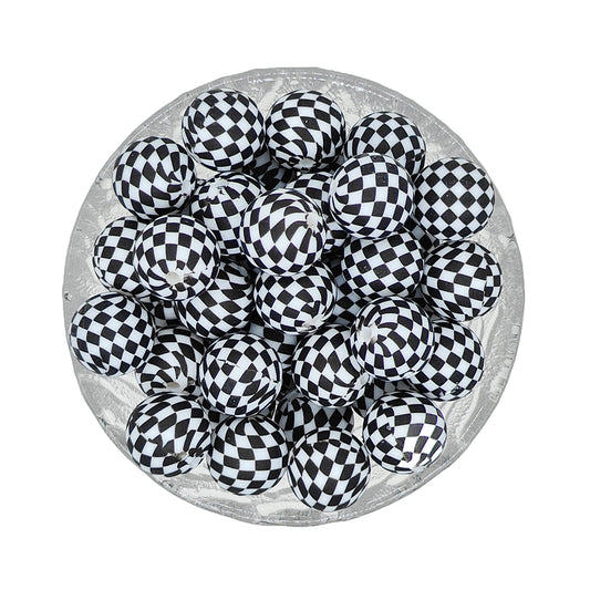 15mm Black White Check Print Round Silicone Beads