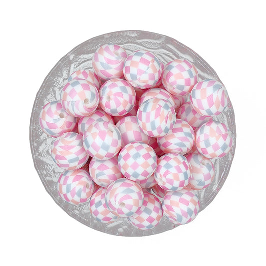 15mm Pink check Print Round Silicone Beads
