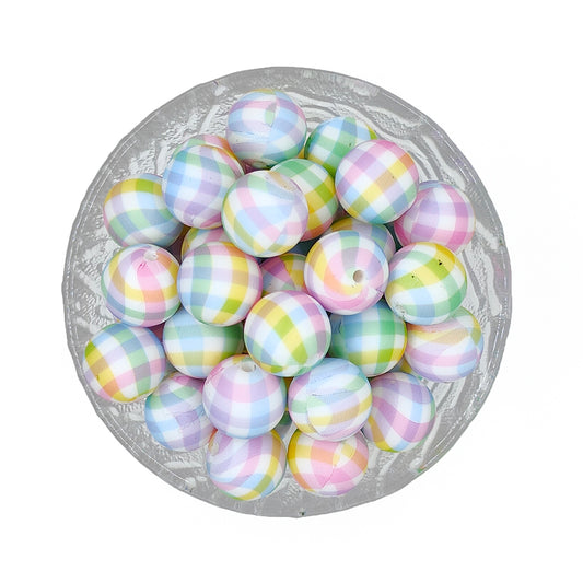 15mm Colored Plaid Print Round Silicone Beads