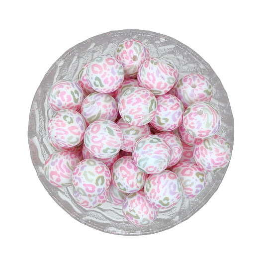 15mm White Pink Leopard Print Round Silicone Beads
