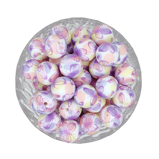 15mm Purple Butterfly Print Round Silicone Beads