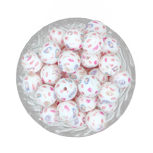 15mm Love Kiss Print Round Silicone Beads