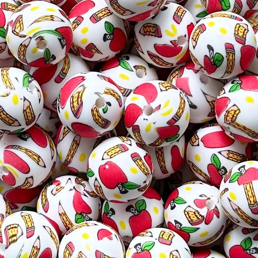 15mm Teacher Apple Print Round Silicone Beads