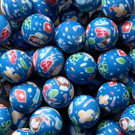 15mm Blue Nurse Print Round Silicone Beads