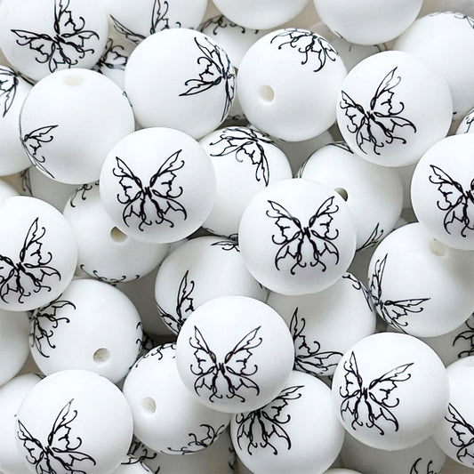 15mm White Butterfly Print Round Silicone Beads