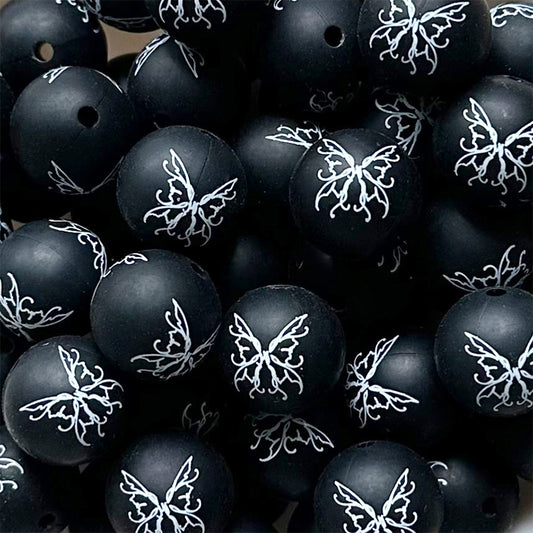 15mm Black Butterfly Print Round Silicone Beads