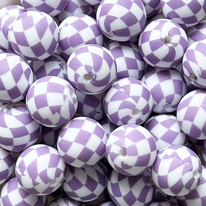 15mm Purple Checked Print Round Silicone Beads