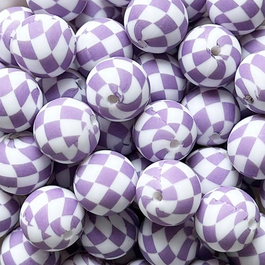 15mm Purple Checked Print Round Silicone Beads