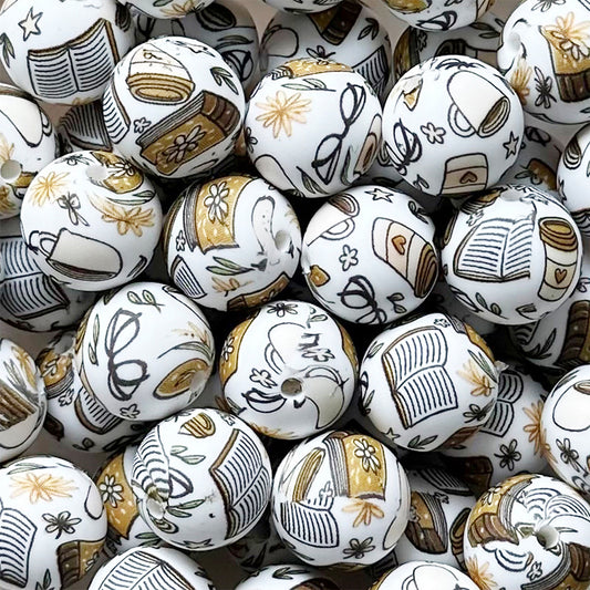 15mm Book Vibe Print Round Silicone Beads