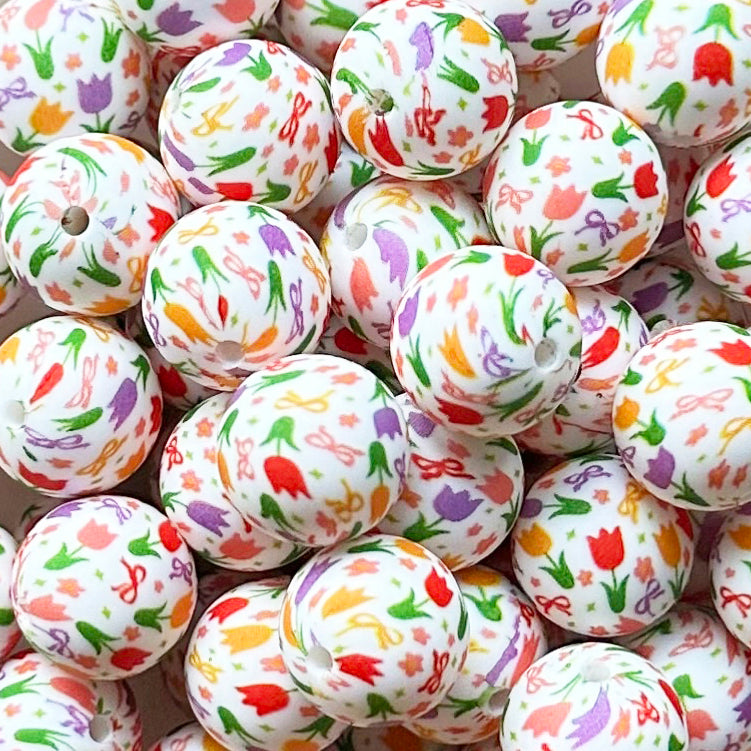15mm Tulip Bow Print Round Silicone Beads