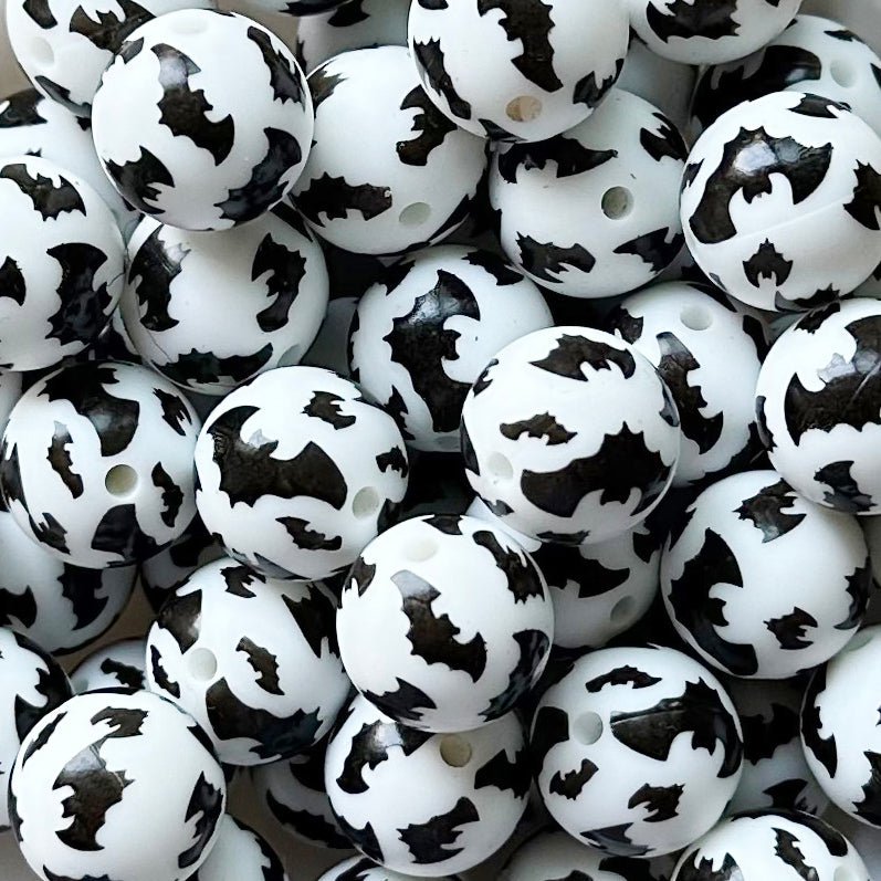 15mm Black Bat Print Round Silicone Beads