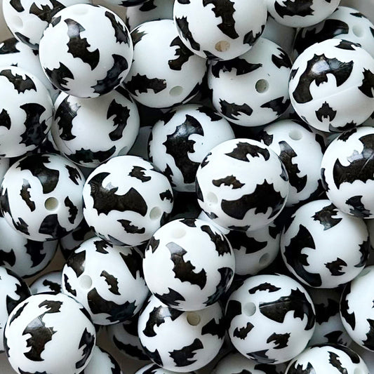15mm Black Bat Print Round Silicone Beads