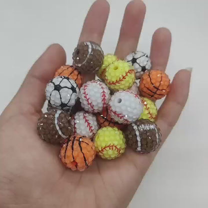 20mm White Baseball Rhinestone Bubblegum Acrylic Beads