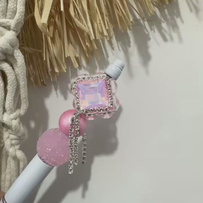 Sparkling Light Pink Square Gem Beads, Bling Dangly Beads,Pen Focal