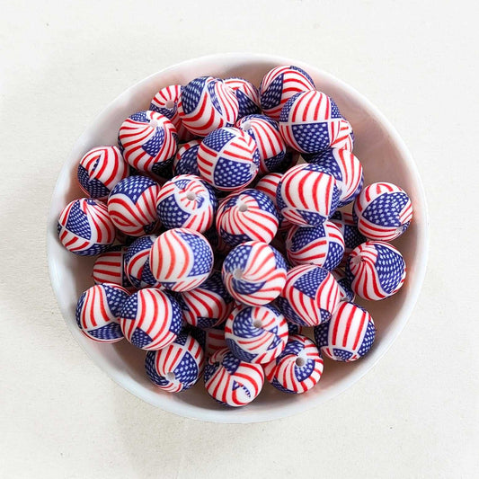 12/15mm USA Flag Print Silicone Beads - Round - #105