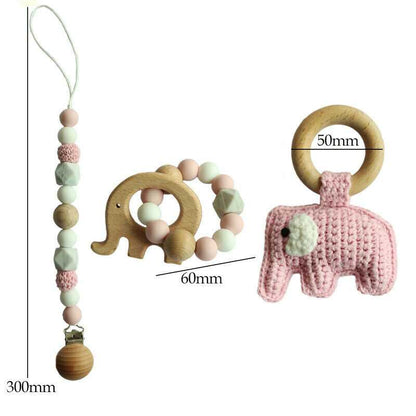Pacifier Clip Crochet Elephant Rattle Toy Set - Pink