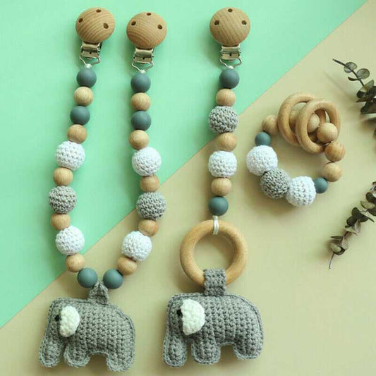 Crochet Elephant Pram Garland Rattle Set - Grey