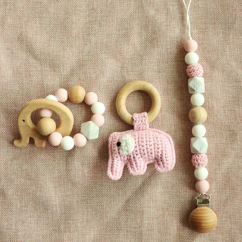 Pacifier Clip Crochet Elephant Rattle Toy Set - Pink
