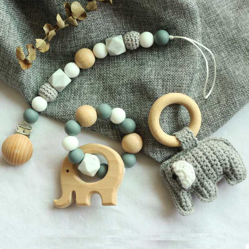 Pacifier Clip Crochet Elephant Rattle Toy Set - Grey