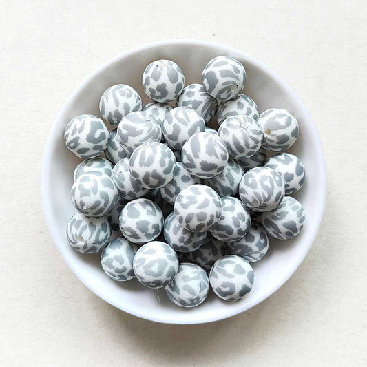 12/15mm Grey Leopard Print Silicone Beads - Round - #110