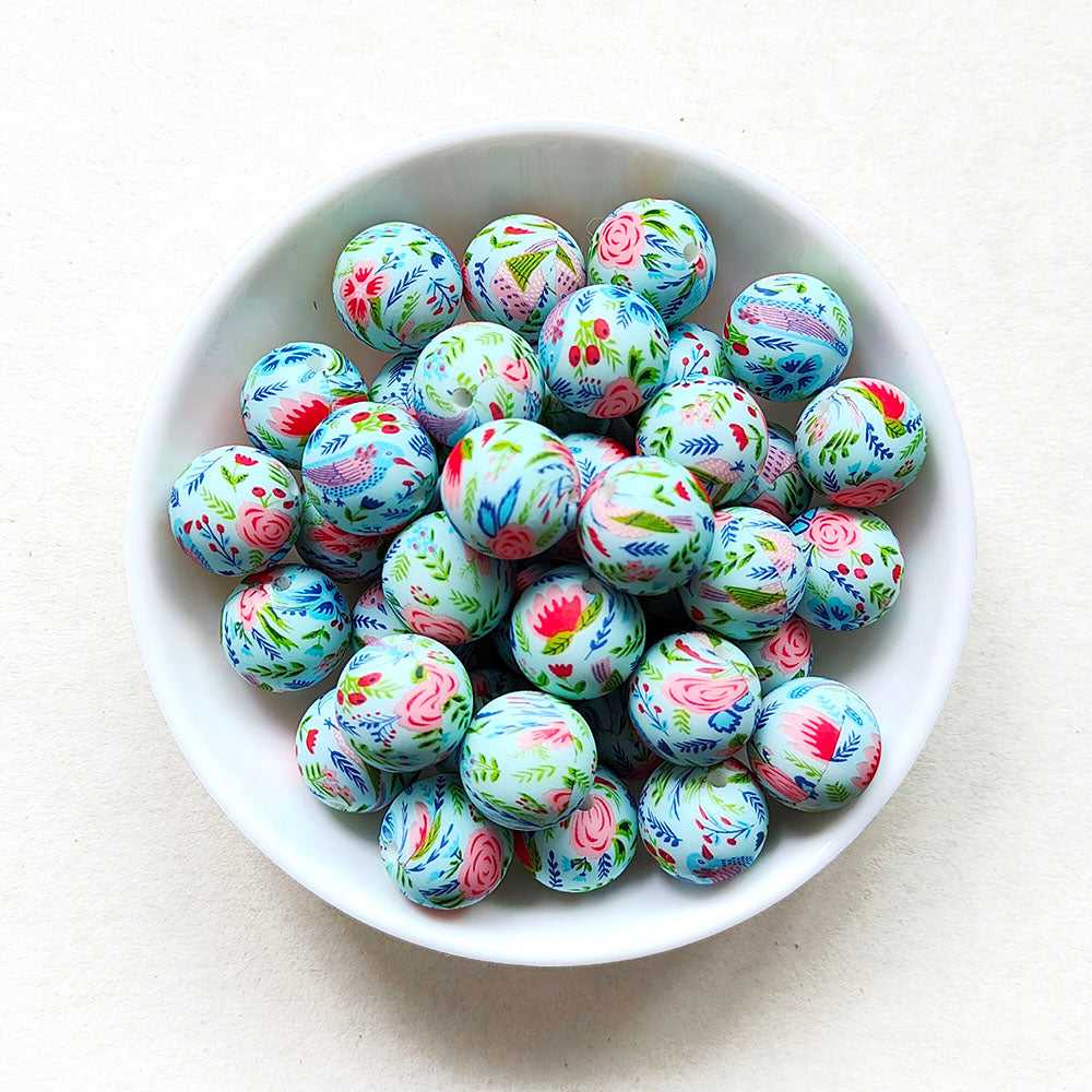 12/15mm Flower Print Silicone Beads - Round - #116
