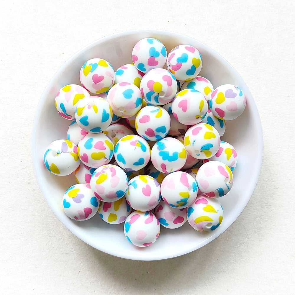 12/15mm Colorful Heart Print Silicone Beads - Round - #118