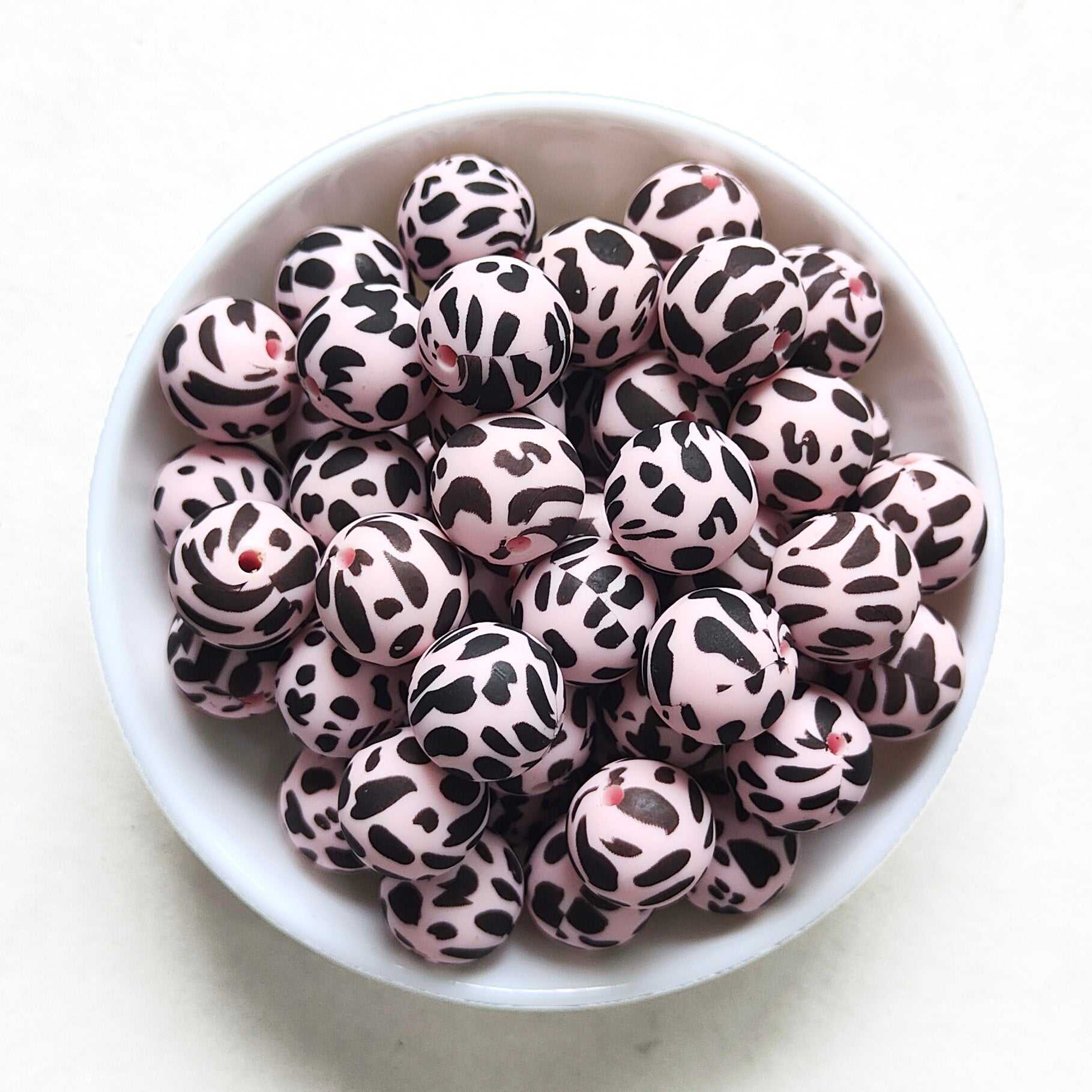 12/15mm Pink Cow Print Silicone Beads - Round - #132