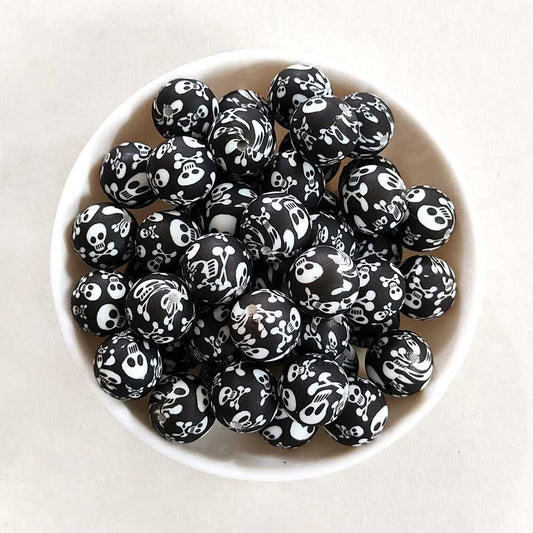 12/15mm Skull Print Silicone Beads - Round - #14
