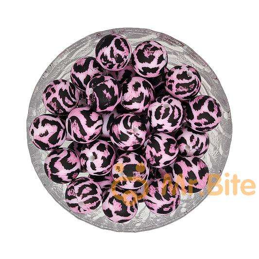 15mm Pink Purple Leopard Silicone Beads - Round