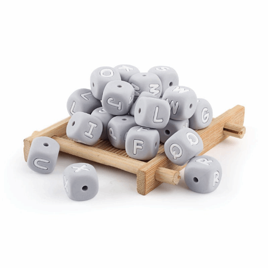 Grey Letters Silicone Beads 12*12mm