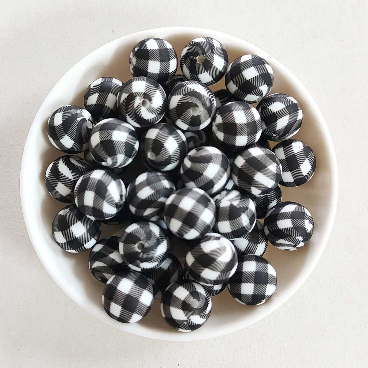12/15mm Black White Plaid Silicone Beads - Round - #51