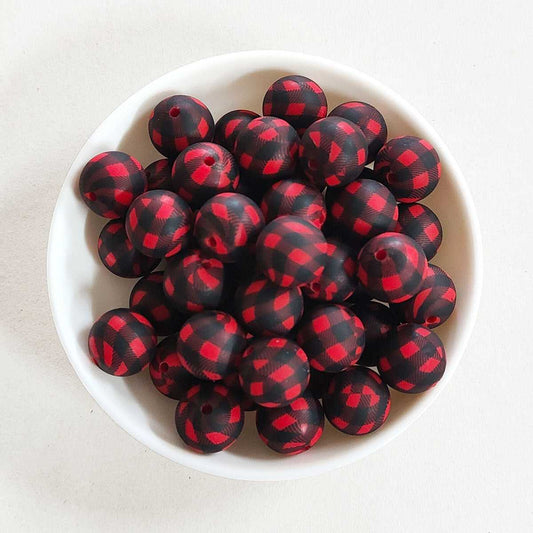 12/15mm Red Black Plaid Silicone Beads - Round - #53
