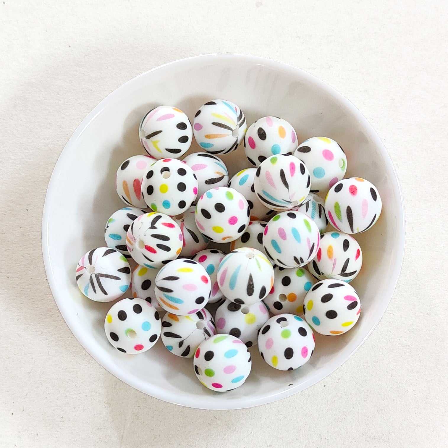 12/15mm Colorful Dot Print Silicone Beads - Round - #68