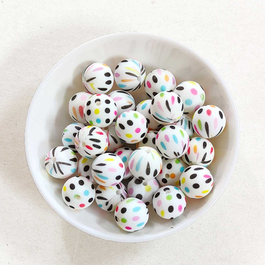 12/15mm Colorful Dot Print Silicone Beads - Round - #68