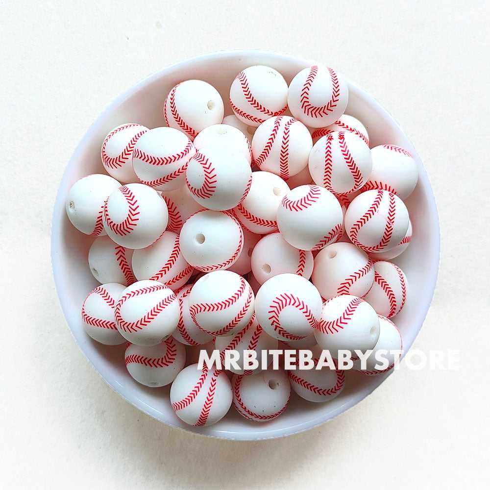 15mm White Baseball Print Silicone Beads - Round - #111