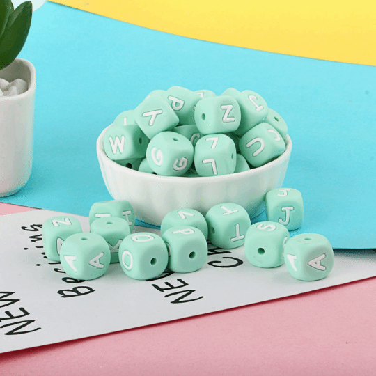 Mint Green Letters Silicone Beads 12MM