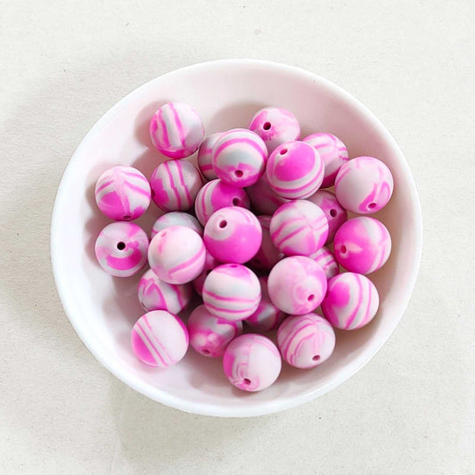 12/15mm Pink Grey Stripe Print Silicone Beads - Round - #90