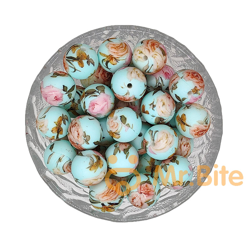 15mm Flower Print Silicone Beads - Round