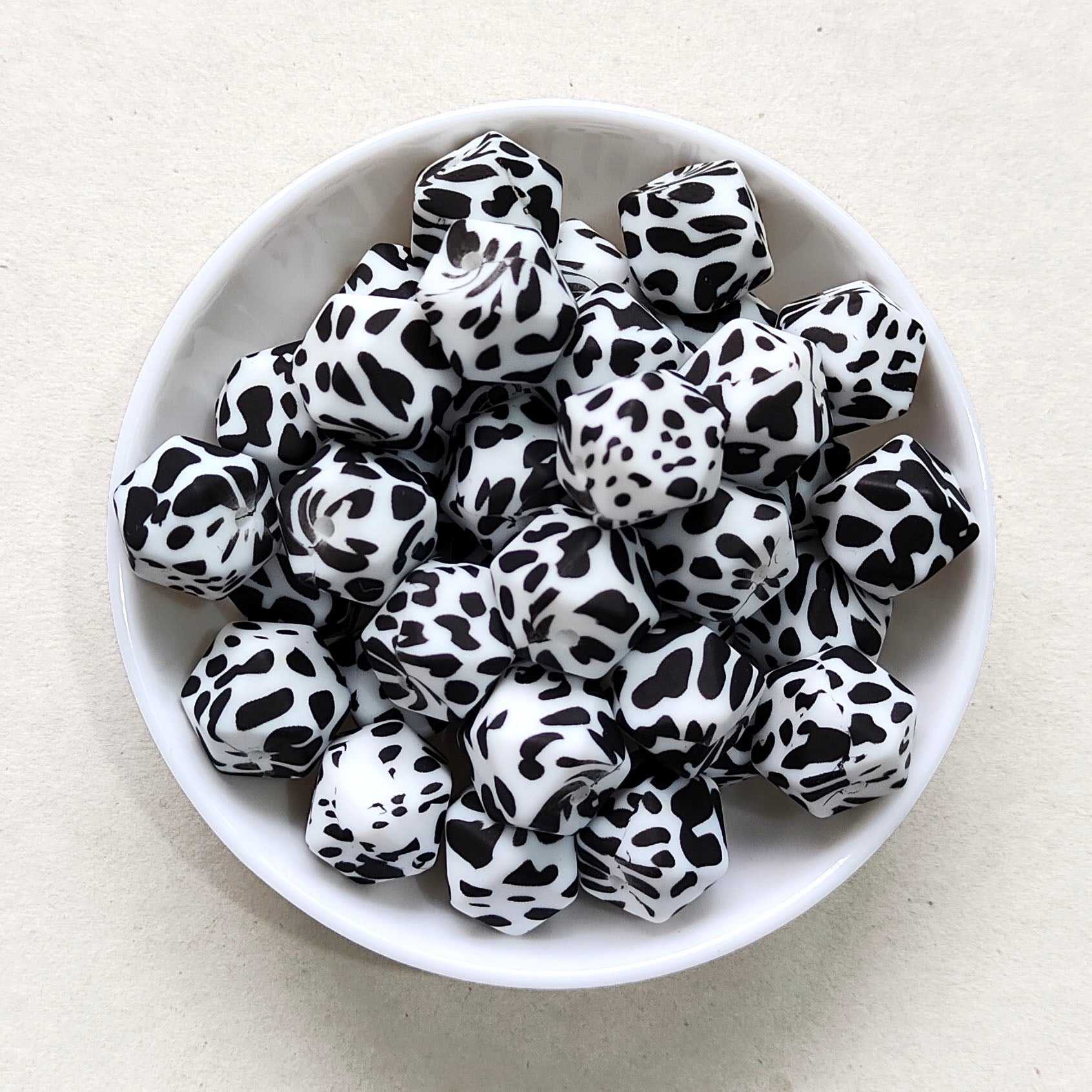 14mm Cow Print Silicone Beads - Hexagon - #15