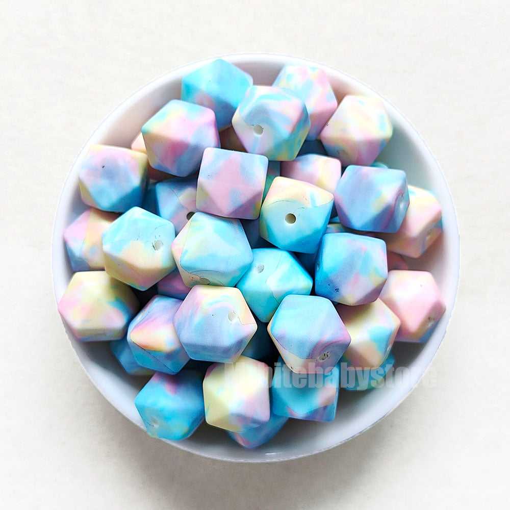 14mm Light Rainbow Print Silicone Beads - Hexagon - #33