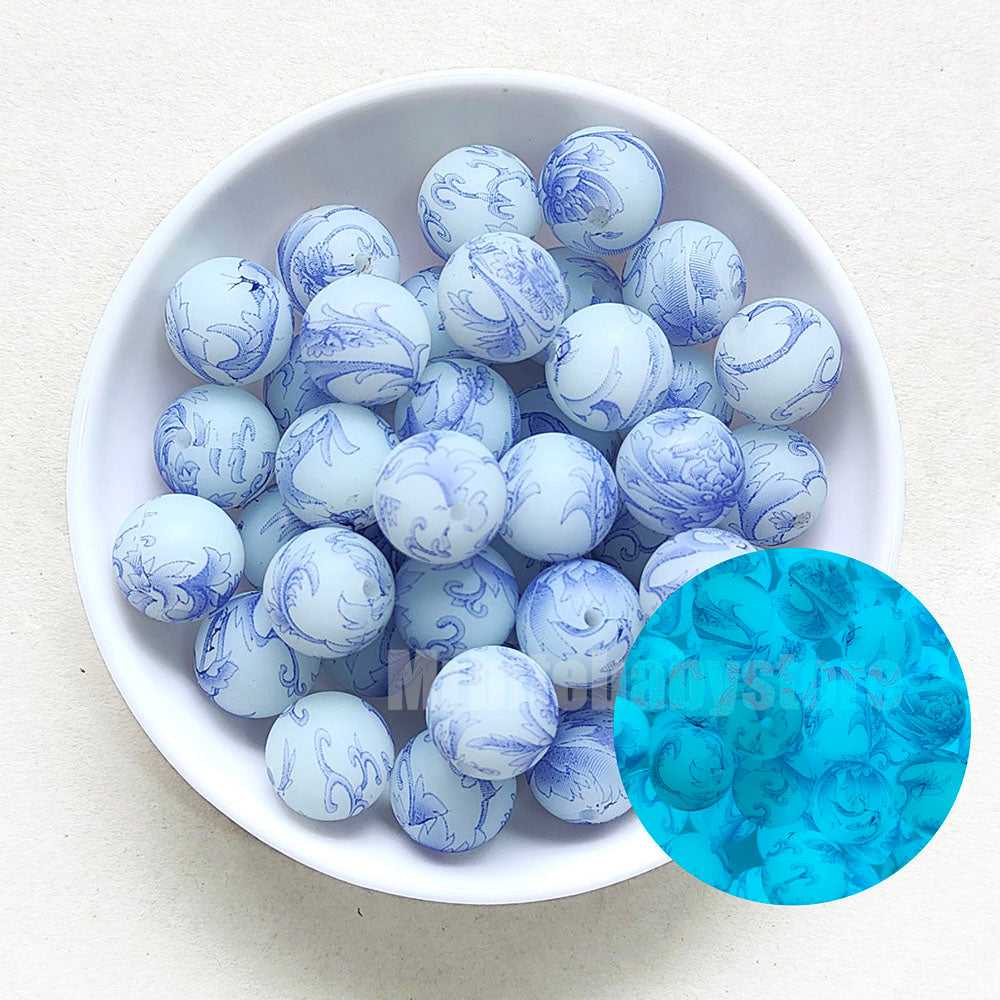 15mm Luminous Blue Purple Flower Silicone Beads - Round