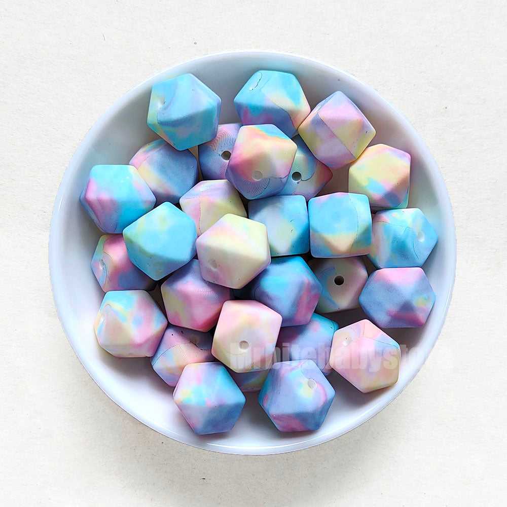 14mm Light Rainbow Print Silicone Beads - Hexagon - #33