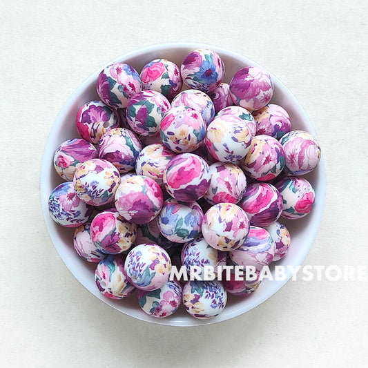 15mm Purple Floral Silicone Beads - Round