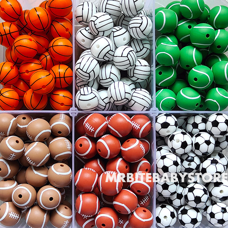 Round 15mm Sports Football Printed Silicone Beads
