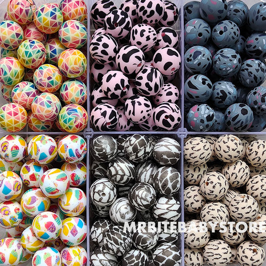 12/15mm Print Silicone Beads - Round