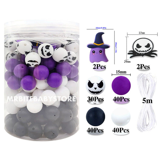 Halloween Ghost Silicone Beads, 154Pcs Assorted Beads with 5m Cord